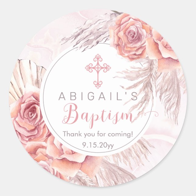 Sticker Rond Pampas Grass |Rose Rose Blooms Girl Baptism (Devant)