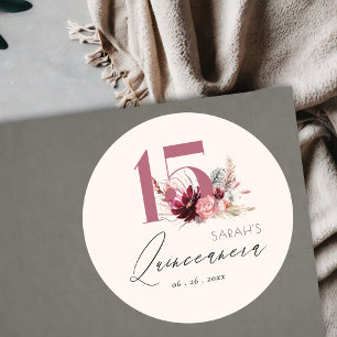 Sticker Rond Pampas rose Floral Grass Quinceanera 15e anniversa