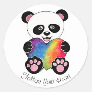 Sticker Rond Panda Aquarelle Cute Avec Coeur Arc En Ciel
