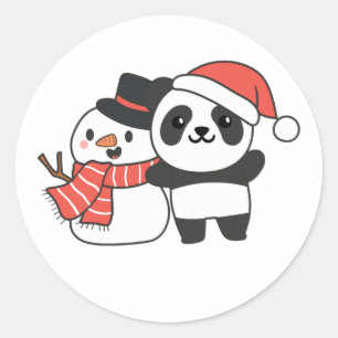 Sticker Rond Panda Avec Snowman En Hiver Pour Noël