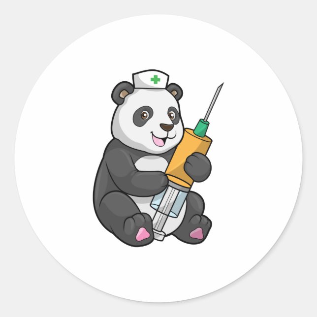 Sticker Rond Panda comme infirmière avec seringue (Devant)