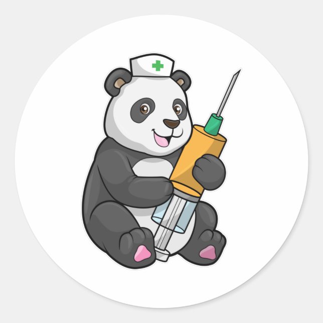Sticker Rond Panda comme infirmière avec seringue (Devant)