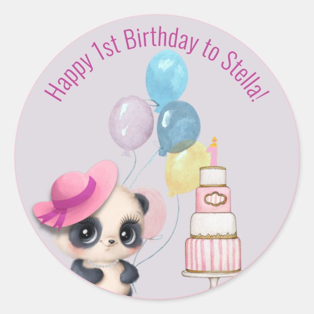 Sticker Rond Panda en Casquette rose | 1er anniversaire de bébé (Devant)