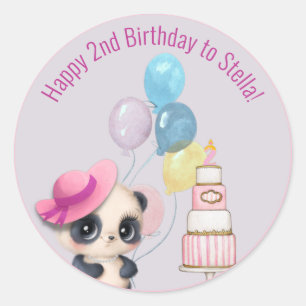 Sticker Rond Panda en Casquette rose   2e anniversaire du bébé