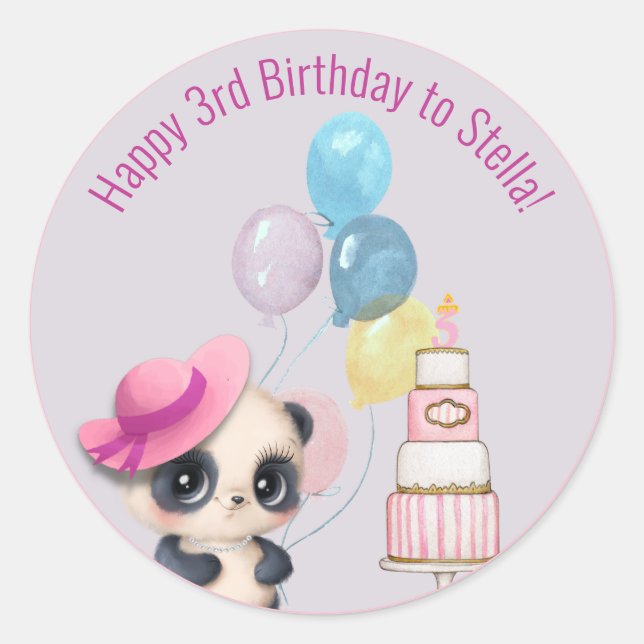 Sticker Rond Panda en Casquette rose | 3e anniversaire de bébé (Devant)