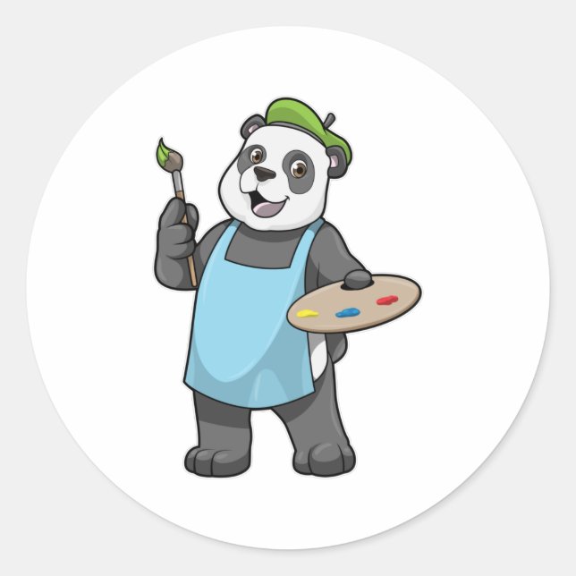 Sticker Rond Panda en peintre avec pinceau et couleur (Devant)