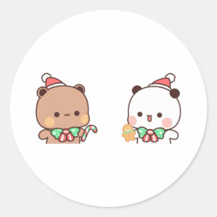 Sticker Rond Panda Et Brownie Bear Couple, Joyeux Noël