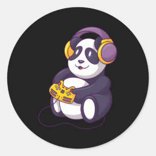 Sticker Rond Panda Jouer Jeux Vidéo Portant Un Casque
