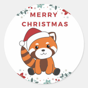 Sticker Rond Panda Rouge Noël Neige Animaux d'hiver Pandas Cla