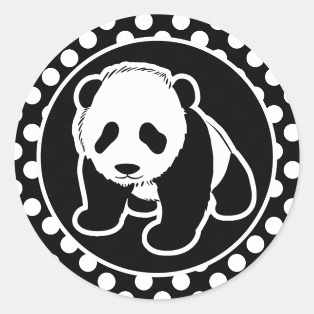 Sticker Rond Panda sur les Pois noirs et blancs (Devant)