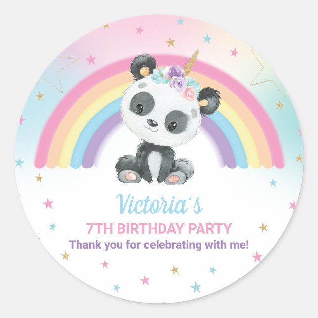 Sticker Rond Pandacorn Panda fête d'anniversaire Rainbow Favori (Devant)