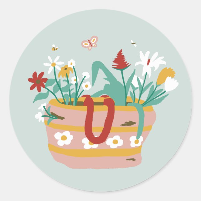Sticker Rond Panier à fleurs - sur vert clair. (Devant)