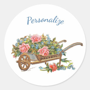 Sticker Rond Panier à fleurs vintage Roses et fleurs bleues