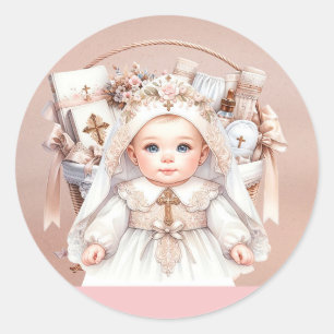 Sticker Rond Panier de baptême d'or Rose