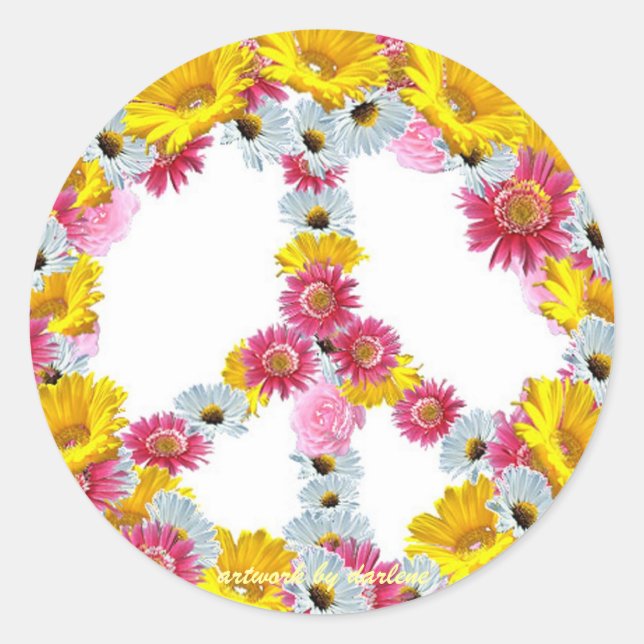 Sticker Rond Panneau de paix avec fleurs (Devant)