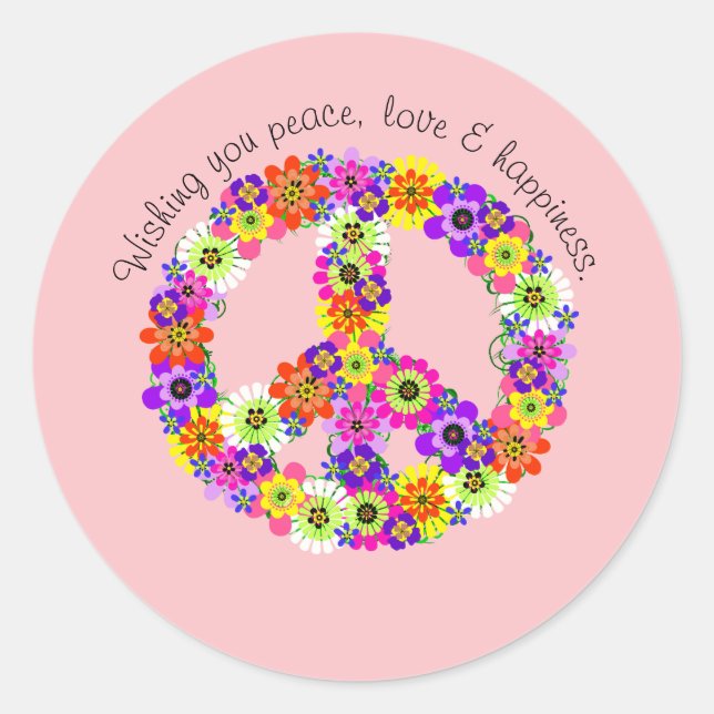 Sticker Rond Panneau de Paix Floral sur Pink Peace Love Happine (Devant)