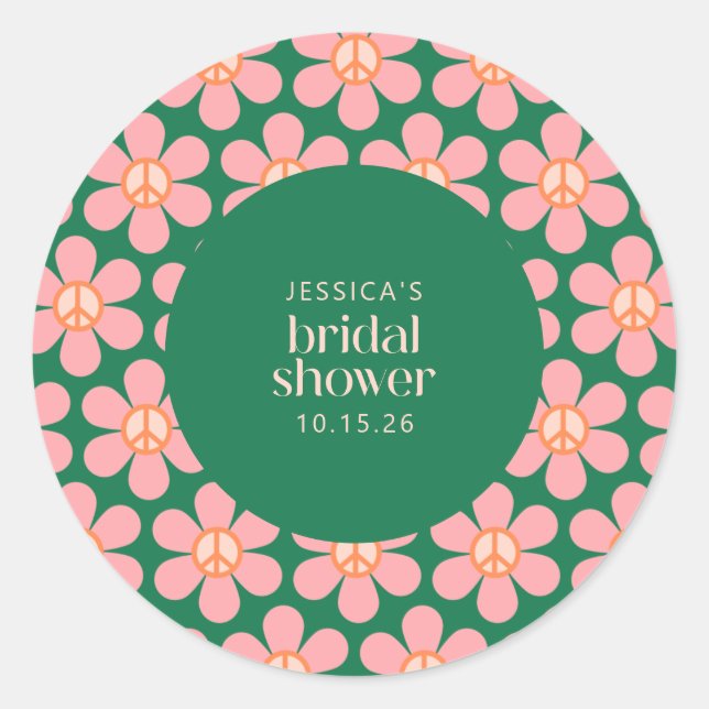 Sticker Rond Panneau de Paix Hippie Retro Fleur Vert Rose Douch (Devant)