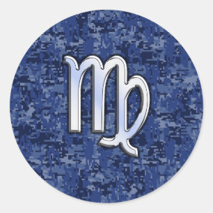Sticker Rond Panneau Virgo Zodiac sur Camouflage numérique bleu