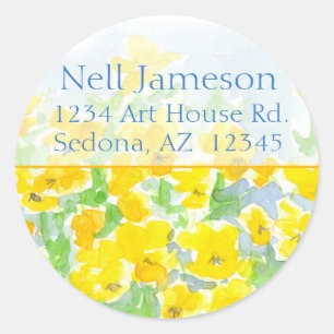 Sticker Rond Pansies Jaunes Aquarelle Fleurs Retourner l'adress