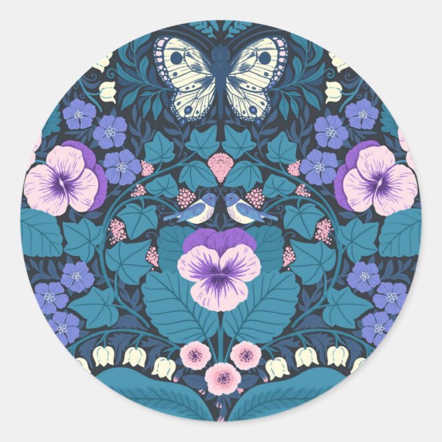 Sticker Rond Pansies, oiseaux et papillons (Devant)