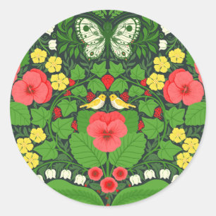 Sticker Rond Pansies rouges, oiseaux et papillons