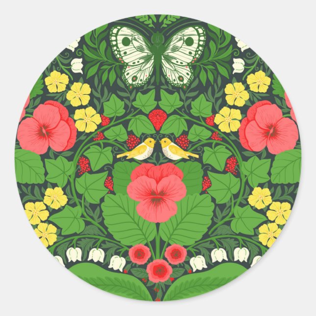 Sticker Rond Pansies rouges, oiseaux et papillons (Devant)