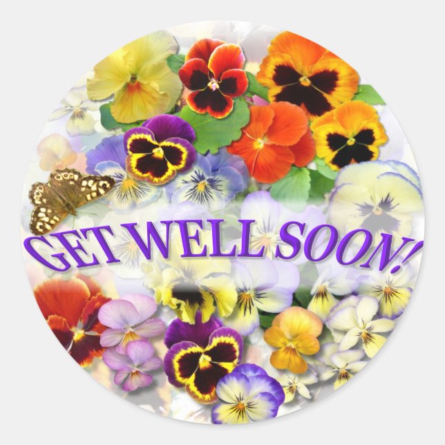Sticker Rond Pansy Beauty avec papillon Get Well (Devant)