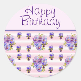 Sticker Rond Pansy Flower rose Frappe floral Joyeux anniversair