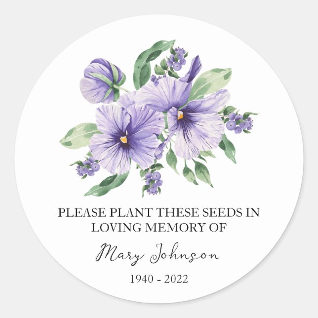 Sticker Rond Pansy Memorial Funeral Seed Packet (Devant)