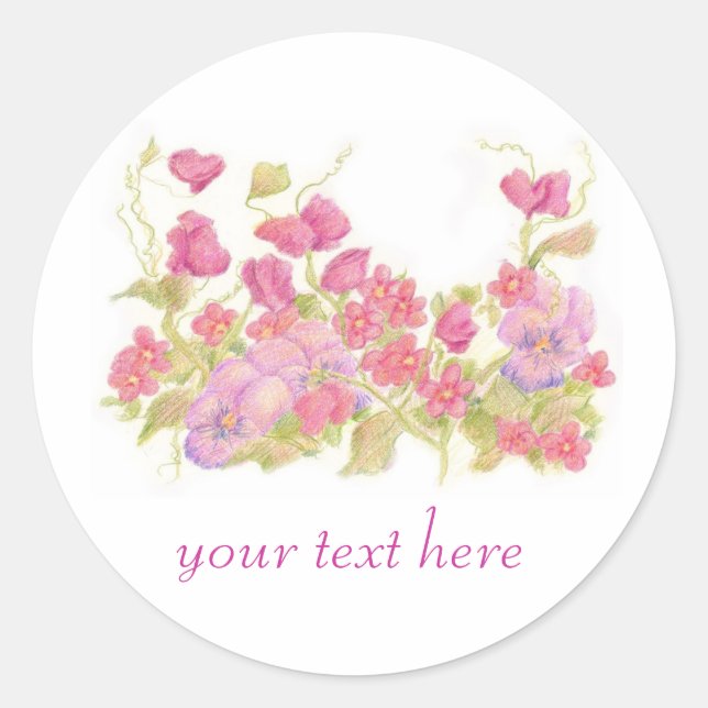 Sticker Rond Pansy Sweet Peas Garden Nom personnalisé (Devant)