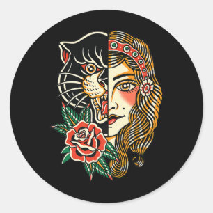 Sticker Rond Panthère tzigane traditionnel américain Encre de t
