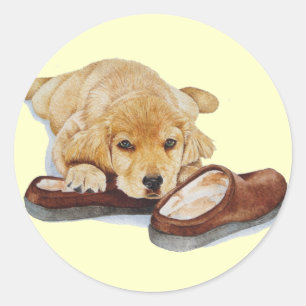 Sticker Rond pantoufles de caresse de chiot de chien mignon de