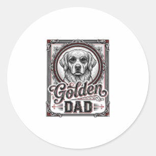 Sticker Rond Papa Golden Retriever Dessin de gravure vintage_1