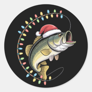 Sticker Rond Papa Noël Bass Poisson Drôle Pêche Pêcheur