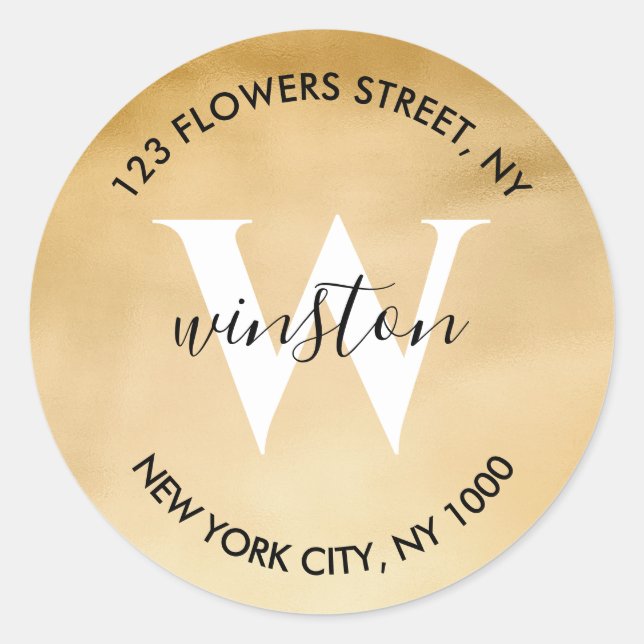Sticker Rond Papier à lettre moderne avec monogramme doré et pa (Devant)
