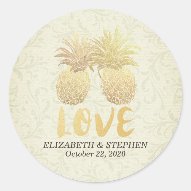 Sticker Rond Papier Damas en ananas mariage Merci or (Devant)