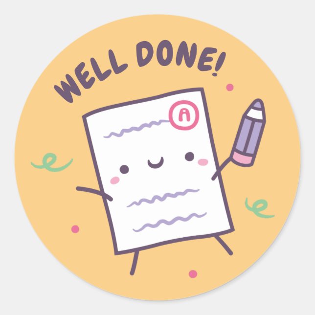 Sticker Rond Papier et crayon bien fait et récompense positive (Devant)