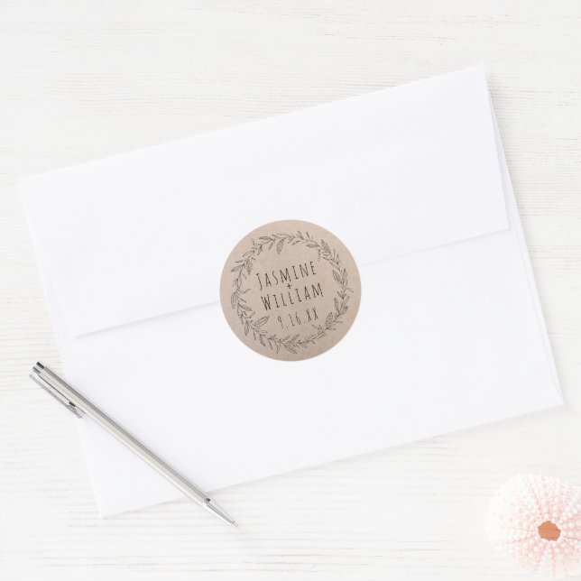 Sticker Rond Papier Kraft Floral Rustique Date personnalisée (Enveloppe)