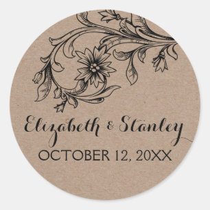 Sticker Rond Papier Kraft mariage floral rustique Enregistrer l