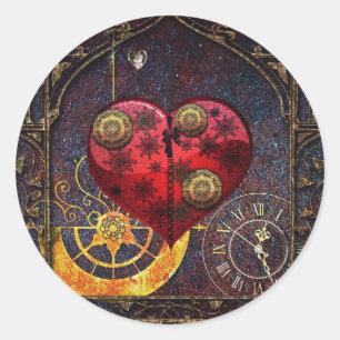 Sticker Rond Papier peint Coeurs Steampunk vintage