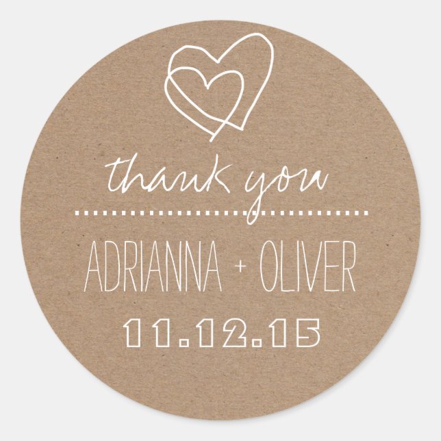 Sticker Rond Papier Rustique Kraft| Mariage de coeur Merci (Devant)