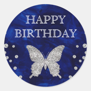 Sticker Rond Papillon Anniversaire en Acrylique Bleu et Paillet