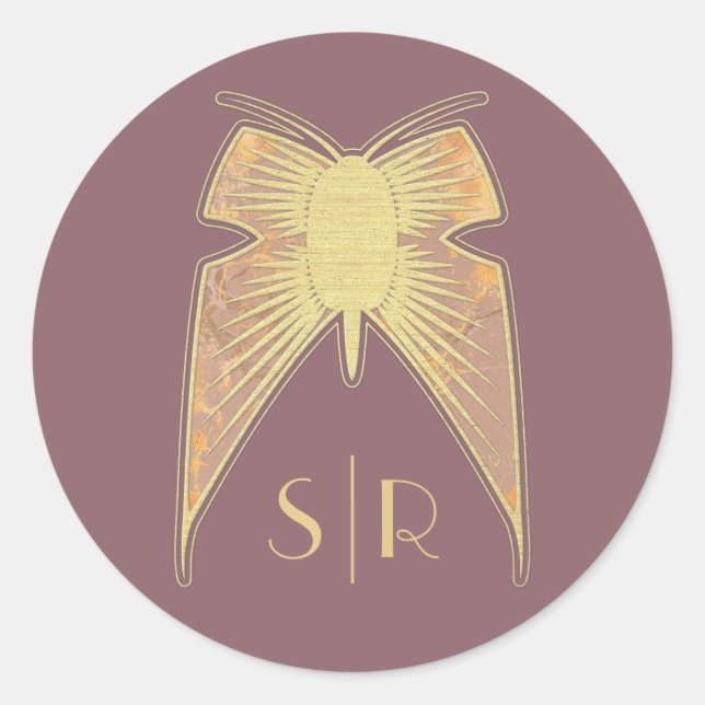 Sticker Rond Papillon Art déco Monogramme Or rose (Devant)