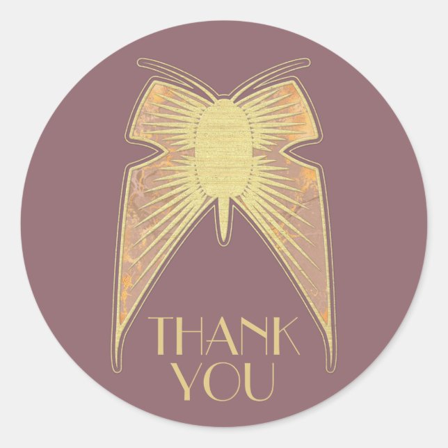 Sticker Rond Papillon Art déco Pink Gold "Merci" (Devant)