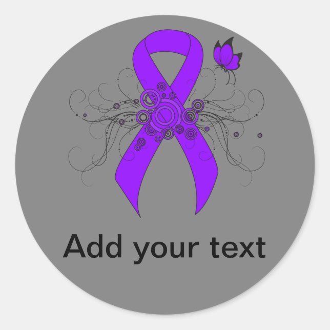 Sticker Rond Papillon au ruban violet, lymphome de Hodgkin (Devant)