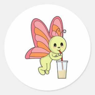 Sticker Rond Papillon avec Boire et Boire paille