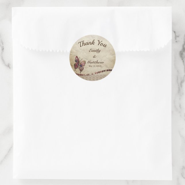 Sticker Rond Papillon avec dentelle et Merci Mariage antique (Sac)