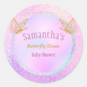 Sticker Rond Papillon blanc rose et or baby shower