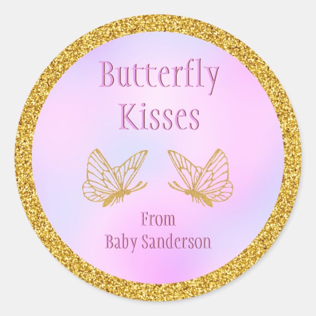Sticker Rond Papillon blanc rose et or baby shower (Devant)