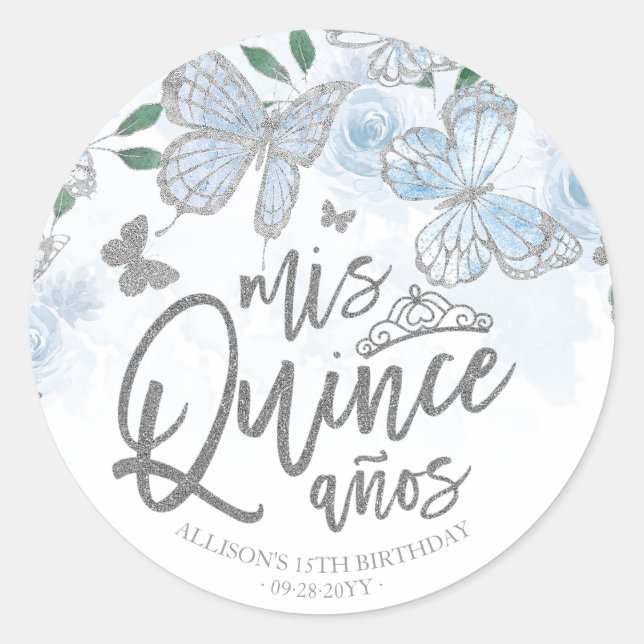 Sticker Rond Papillon bleu argent Dusty Quinceanera (Devant)